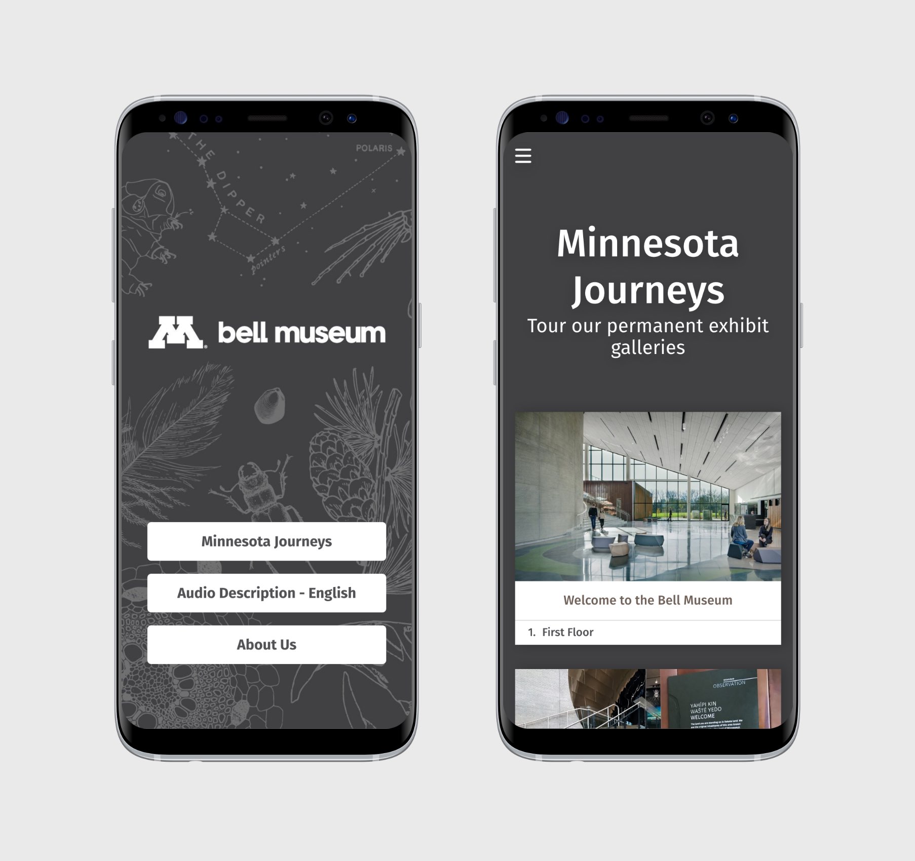 Two screenshots of the Bell Museum mobile guide. One displays the app home page and the other displays the first stop on the Minnesota Journeys tour.